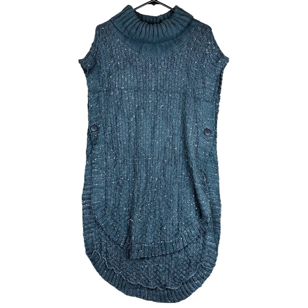 Steve Madden Women Sweater Gray Steel Blue Poncho Wrap Metallic Sequins One Size